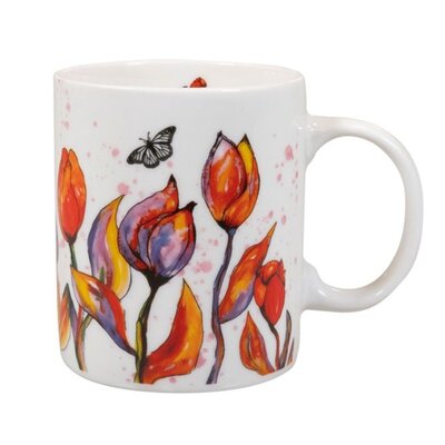 Ter Steege souvenirs White mug with orange-red tulips and butterfly.