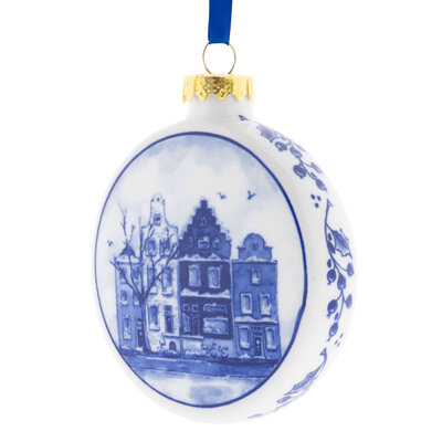 Heinen Delfts blauw Kerstbal Plat Huisjes 8 cm - Delfts blauw