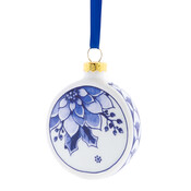 Heinen Delfts blauw Kerstbal Plat Hulstblad en bessen 6 cm - Delfts blauw