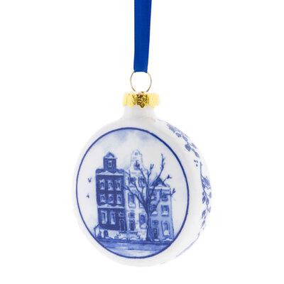 Heinen Delfts blauw Kerstbal Plat Huisjes 6 cm - Delfts blauw
