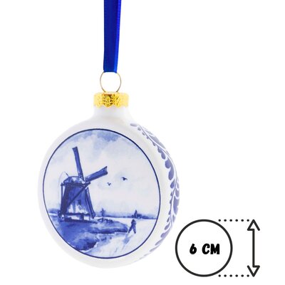 Heinen Delfts blauw Kerstbal Plat Molens 6 cm - Delfts blauw