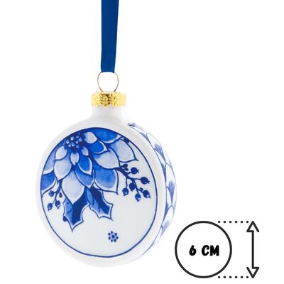 Heinen Delfts blauw Weihnachtskugel, flaches Stechpalmenblatt mit Beeren, 6 cm – Delfter Blau