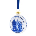 Heinen Delfts blauw Kerstbal Plat Huisjes 6 cm - Delfts blauw