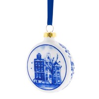 Heinen Delfts blauw Flat House Christmas Bauble 6 cm - Delft Blue