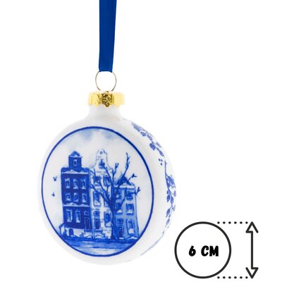 Heinen Delfts blauw Kerstbal Plat Huisjes 6 cm - Delfts blauw