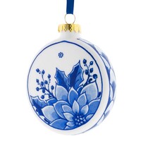 Heinen Delfts blauw Weihnachtskugel, flaches Stechpalmenblatt mit Beeren, 8 cm – Delfter Blau