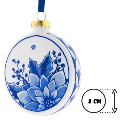Heinen Delfts blauw Christmas bauble Flat Holly Leaf and berries 8 cm - Delft Blue