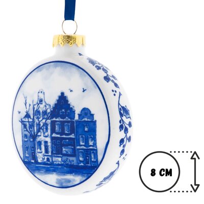 Heinen Delfts blauw Kerstbal Plat Huisjes 8 cm - Delfts blauw