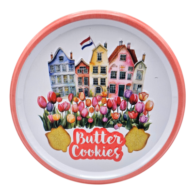 Becky`s Dutch Tulip Cookies in a Storage Tin - Gabled Houses and Tulips - 114 grams
