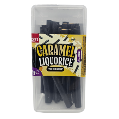 Becky`s Licorice stems - caramel - transparent storage box 275 grams