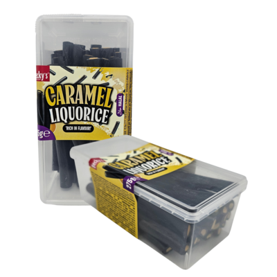 Becky`s Licorice stems - caramel - transparent storage box 275 grams