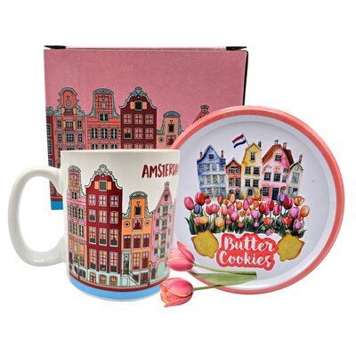 typisch-hollands-geschenkpakket Geschenkset mit Keksdose und Tasse – rosa und rot