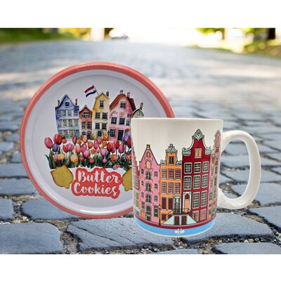 typisch-hollands-geschenkpakket Geschenkset mit Keksdose und Tasse – rosa und rot