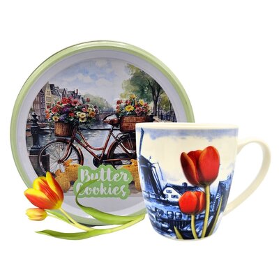 typisch-hollands-geschenkpakket Geschenkset mit Keksdose und Tasse – grün und orange