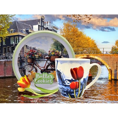 typisch-hollands-geschenkpakket Geschenkset mit Keksdose und Tasse – grün und orange