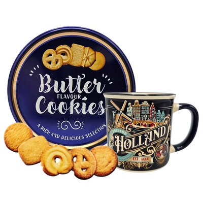 typisch-hollands-geschenkpakket Holland-Becher, Vintage-Blau, und Keksdose