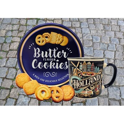 typisch-hollands-geschenkpakket Holland-Becher, Vintage-Blau, und Keksdose