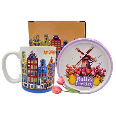 typisch-hollands-geschenkpakket Geschenkset mit Keksdose und Tasse – Rot – Blau – Orange