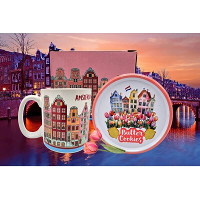 typisch-hollands-geschenkpakket Geschenkset mit Keksdose und Tasse – rosa und rot