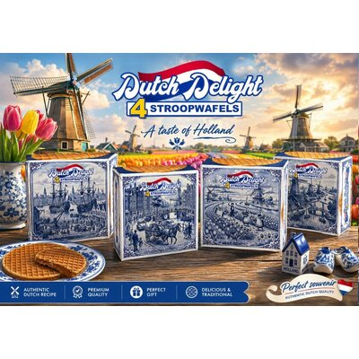 Stroopwafels (Typisch Hollands) Stroopwafels in a nostalgic Delft Blue box - Old street scene