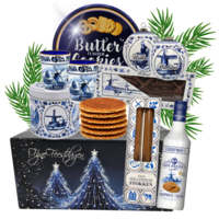 typisch-hollands-geschenkpakket Dutch Christmas Hamper - Delft Blue - Liqueur and Christmas baubles