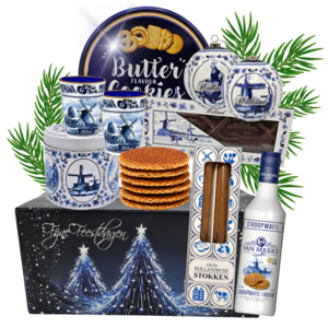 typisch-hollands-geschenkpakket Niederländischer Weihnachtskorb – Delfter Blau – Likör und Weihnachtskugeln