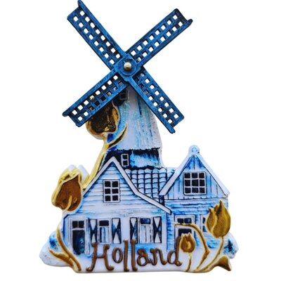 Ter Steege souvenirs Magnet Holland - Windmill - Delft blue accents with matte gold tulips