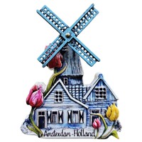 Ter Steege souvenirs Magnet Holland - Windmill - Blue accents with red, yellow, and pink tulips