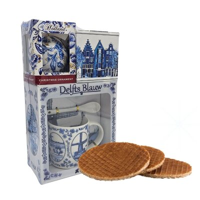 Typisch Hollands Kerst-Cadeauset Mok-Stroopwafels en Kerstbal - Delfts blauw