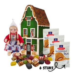 Typisch Hollands Oud Hollands huisje (blik) Popje -mini-stroopwafels en snoep
