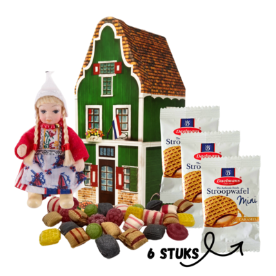 Typisch Hollands Oud Hollands huisje (blik) Popje -mini-stroopwafels en snoep