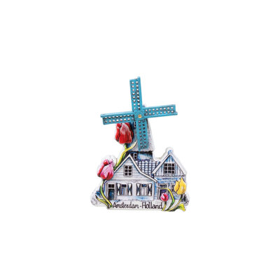 Ter Steege souvenirs Magneet Holland -Molen - Blauwe accenten met rode-gele en roze tulpen
