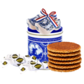 Stroopwafels (Typisch Hollands) Stroopwafels in a tin - with small wooden shoes and hopjes (Delft Blue)