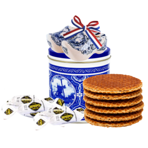 Stroopwafels (Typisch Hollands) Stroopwafels in der Dose - mit kleinen Holzschuhen und Hopjes (Delftblau)