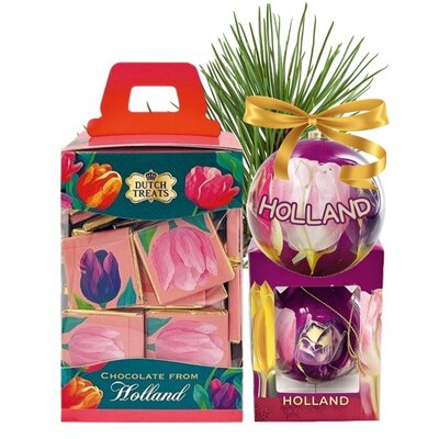 Typisch Hollands Christmas bauble and chocolate gift set - Dutch tulips theme
