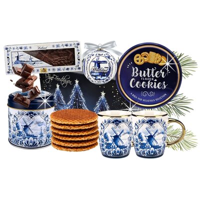 Typisch Hollands Weihnachtsgeschenkkorb aus Delfter Blau mit 2 Kaffeetassen
