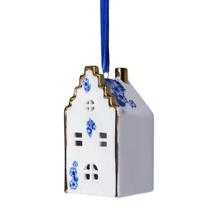 Heinen Delfts blauw Christmas ornament - Delft Blue - Gable house with gold