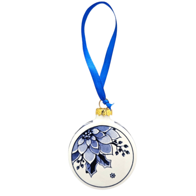 Heinen Delfts blauw Weihnachtskugel, flaches Stechpalmenblatt mit Beeren, 6 cm – Delfter Blau