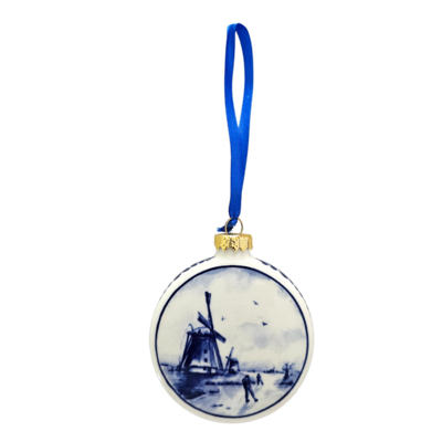 Heinen Delfts blauw Kerstbal Plat Molens 8 cm - Delfts blauw
