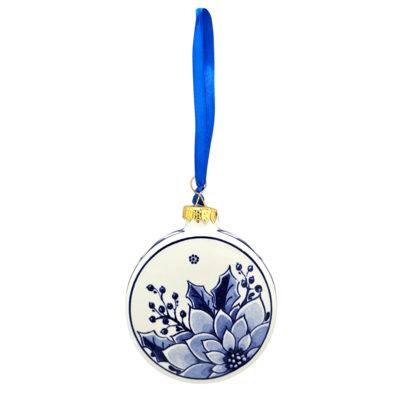 Heinen Delfts blauw Weihnachtskugel, flaches Stechpalmenblatt mit Beeren, 8 cm – Delfter Blau