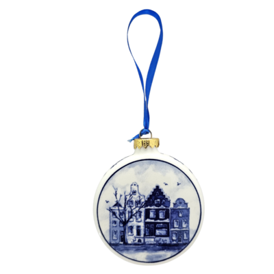 Heinen Delfts blauw Kerstbal Plat Huisjes 8 cm - Delfts blauw
