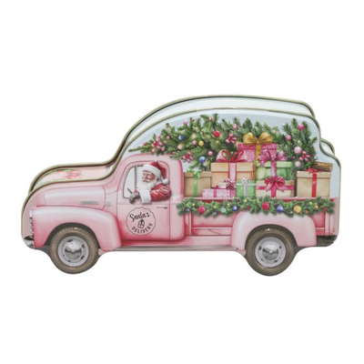 Becky`s Kerstblik - Roze auto met kerstman - gevuld met 15 heerlijke chocoladepralines