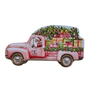 Becky`s Kerstblik - Roze auto met kerstman - gevuld met 15 heerlijke chocoladepralines
