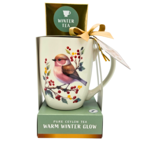 Becky`s Weihnachtsgeschenkset – Weihnachtstasse mit Winterteepackung – Robin