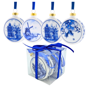 Heinen Delfts blauw Delfts blauwe kerstballen 6 cm- geschenkset van 4 stuks