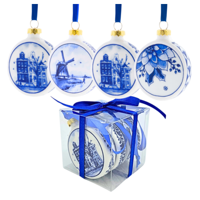 Heinen Delfts blauw Delfts blauwe kerstballen 6 cm - geschenkset van 4 stuks
