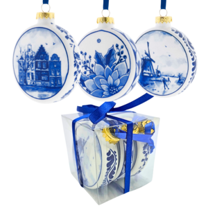 Heinen Delfts blauw Delfts blauwe kerstballen 8cm - geschenkset van 3stuks