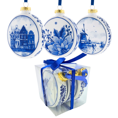 Heinen Delfts blauw Delfter-Blau-Weihnachtskugeln – Geschenkset mit 3 Kugeln