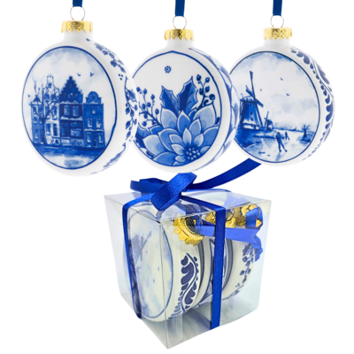Heinen Delfts blauw Delfts blauwe kerstballen 8cm - geschenkset van 3stuks