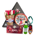 typisch-hollands-geschenkpakket Niederländischer Weihnachtskorb im dreieckigen Fensterkasten mit Tulpen